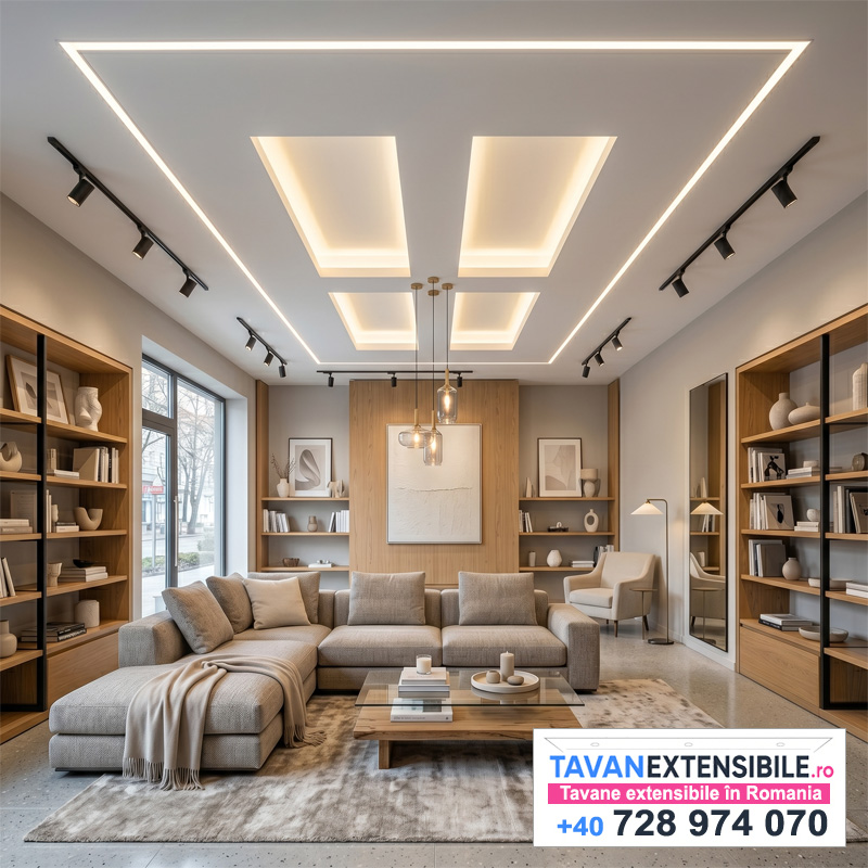 Tavan extensibil cu iluminare LED în living — București