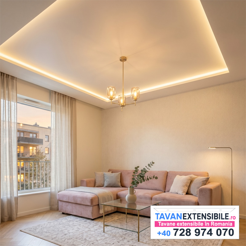 Tavan extensibil cu iluminare LED în living — Curtea de Argeș