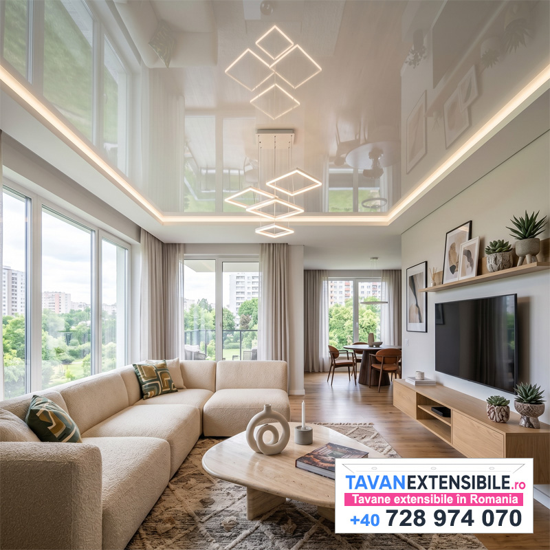 Tavan extensibil lucios în living — montaj tavane extensibile