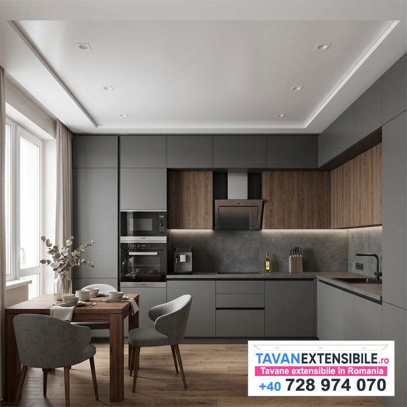 Tavan extensibil satinat în living — montaj tavane extensibile